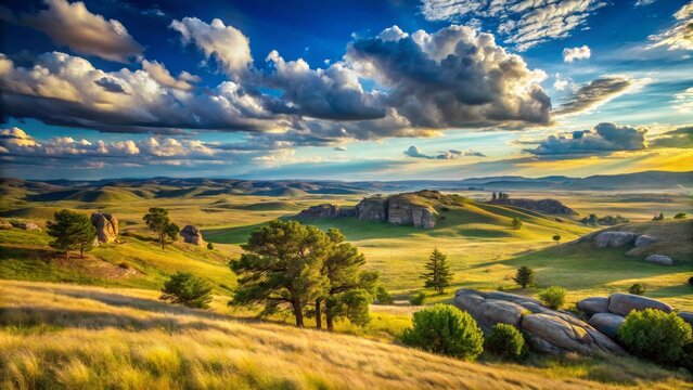 Serene Sunset Over Rolling Hills and Ancient Stone Formations, a Breathtaking Vista of Nature's Majesty