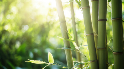 A natural setting with solid green bamboo stalks in the foreground, the texture of the bamboo standing out against the blurred forest backdrop,A natural scene with solid green bamboo, the texture of 
