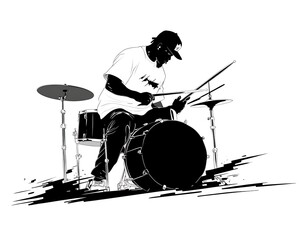 Drummer playing drums with black and white.