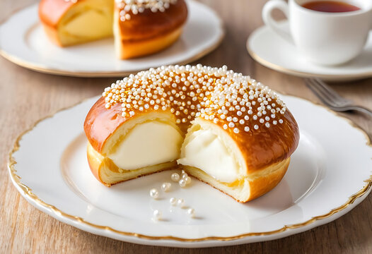 Elegant french pastry dessert with cream filling and decorative pearls on vintage plate. Tarte tropezienne