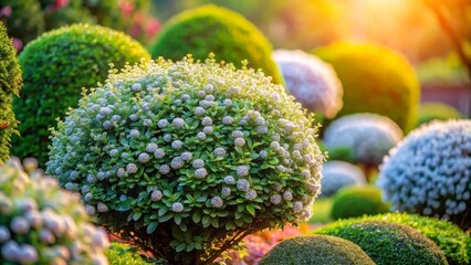 Vibrant Spring Garden Featuring Ornamental Shrubs in Full Bloom, Basking in Golden Sunlight
