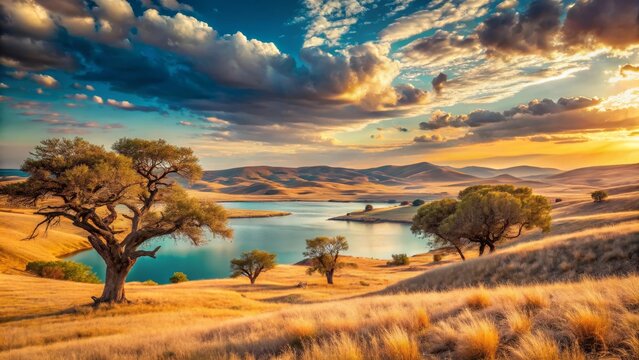 Serene Sunset Landscape Featuring a Calm Lake, Rolling Hills, and Majestic Trees Under a Dramatic Sky