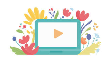 Laptop screen displaying play button, surrounded by colorful flowers.