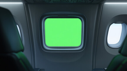 A realistic view of a green screen window inside an aircraft, framed by the sleek, modern interior of the airplane,A modern aircraft window with a green screen, the airplane's clean interior reflectin
