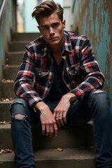 Obraz premium A person with a blurred face sits on steps wearing a plaid shirt and ripped jeans, surrounded by a teal peeling wall and scattered leaves
