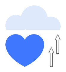 Blue cloud at top, heart beneath, two arrows pointing up represents storage, love, connection. Ideal for technology, data transfer, upload, digital solutions innovation emotional value flat simple