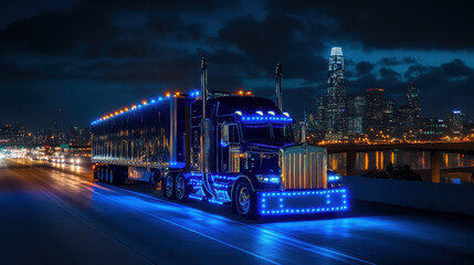 Illuminated semi-truck with blue led lights driving at night on highway against city skyline and dark cloudy sky