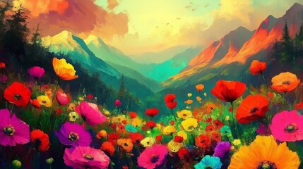 Fototapeta premium Summer Flower Field: A Vibrant Illustration Perfect for Home Wall Decor Inspiration