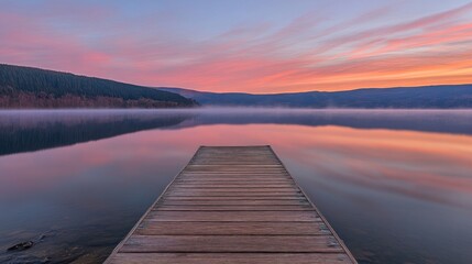 Obraz premium Serene sunrise over calm lake with mist, reflected in still water, wooden dock extending into the water.