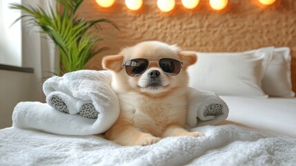 Adorable dog wearing stylish sunglasses relaxing comfortably on a cozy bed with soft bedding and pet accessories