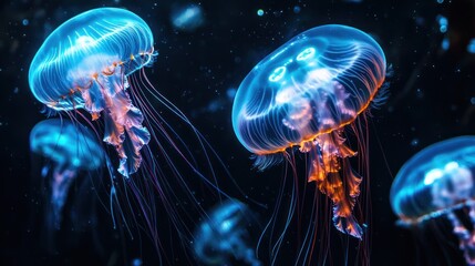 Glowing jellyfish floating gracefully in dark underwater aquatic environment
