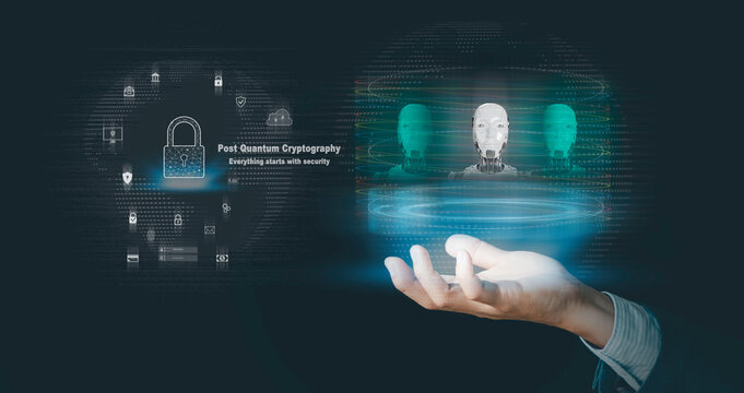 Post Quantum Cryptography and Cybersecurity. Businessman touched cloud computing digital transformation towards Quantum Deep Learning blockchain Artificial Intelligence Innovation Big data analytics - Powered by Adobe