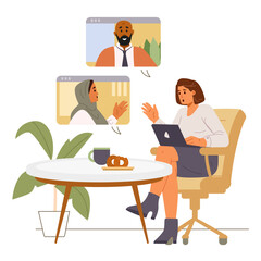 Woman freelancer during online business meeting flat vector illustration isolated on white. Working from home concept.
