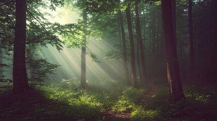 Fototapeta premium Sunbeams pierce through a misty forest, illuminating a path. Serene and magical atmosphere.