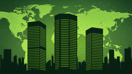 Green city skyline with modern buildings and world map in background, symbolizing clean energy and sustainability