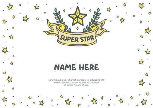 Kids children star winner champion certificate background with ribbon banner and beautiful star frame border for competition race event print template layout design