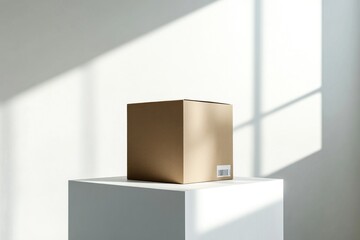 A brown cardboard box featuring a white label is prominently placed on a white pedestal, illuminated by natural light from nearby windows