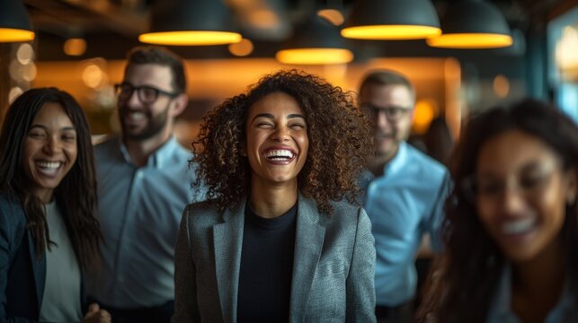 Energetic diverse team shares a joyous moment in a modern office setting