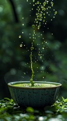 Splash of green matcha tea rising from ceramic bowl in lush garden setting with fresh leaves