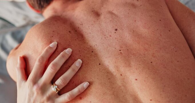 Couple, bedroom and hands on back with sex or home, foreplay and passionate for romance or sexual satisfaction. Man, woman and together making love with top view for desire, bonding and intimate.