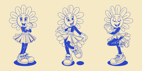 Daisy stickers illustration set. Vintage style character, design collection. Monochrome.Vector illustration.