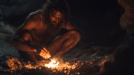 A primitive man igniting a fire in a cave. This moment captures the essence of survival and the struggle for warmth. Natural elements are central to this scene. Generative AI