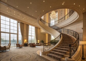 A grand, elegant hotel lobby showcasing a sweeping, ornate staircase bathed in soft, natural light, creating an atmosphere of refined luxury and timeless sophistication.