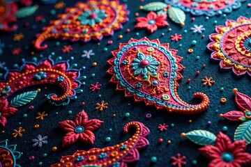 Fototapeta premium Intricate paisley pattern in rich jewel tones on fabric , repeating, paisley