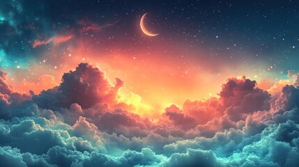 Fototapeta premium Celestial cloudscape, crescent moon, starlit night, fantasy art, dreamy background