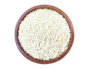 White sesame seeds in wooden bowl isolated on white background with clipping path. Healthy eating concept. Top view. Flat lay.