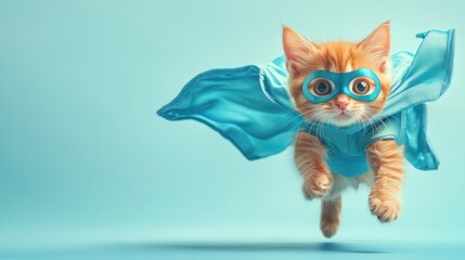 Fototapeta premium Superhero cat with a blue cloak and mask. Cute red kitten in an action pose, flying against a light cyan background.
