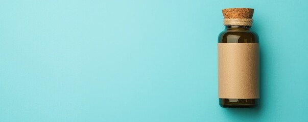 Fototapeta premium A simple glass bottle with a cork top sits against a teal background, featuring a blank label for customization.