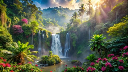 Serene Waterfall Cascading Through Lush Tropical Paradise, Bathed in Golden Sunlight, with Vibrant Blooms Adorning the Banks