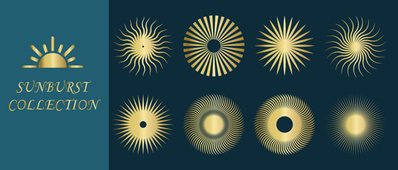 Collection of sunburst vector icons set. Set of vintage  sunburst, Sunrise collection on blue background. Bursting, light, starburst rays, sunrise firework design elements. Vector Illustration.