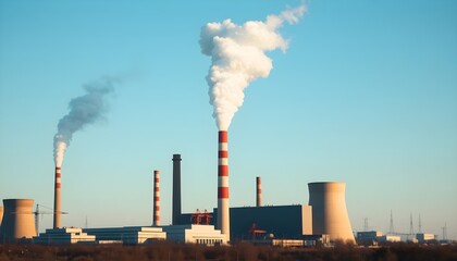 Industrial skyline, power plant, smoke stacks, billowing white smoke, clear blue sky, concrete structures, environmental impact, energy production.