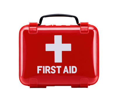 Red first aid kit box, emergency medical supply case used as portable healthcare safety pack or survival gear for home, made of durable plastic, isolated on a transparent background