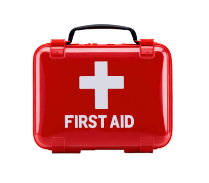Red first aid kit box, emergency medical supply case used as portable healthcare safety pack or survival gear for home, made of durable plastic, isolated on a transparent background