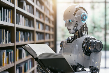 Fototapeta premium A futuristic robot reading a book in a library filled with shelves of books.