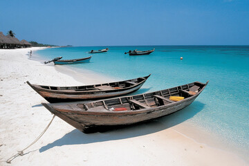 Fototapeta premium Explore chaos amidst serene beach tourism at exotic tropical destinations with vibrant blue waters and traditional boats