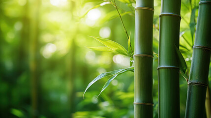 A textured, solid green bamboo in a close-up shot, contrasted against a vibrant, natural setting with sunlight streaming through the trees,Close-up shot of solid green bamboo, with a textured surface,