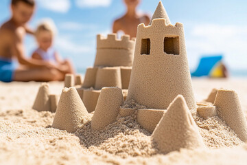 Family enjoys building impressive sandcastles together on a sunny beach during summer vacation