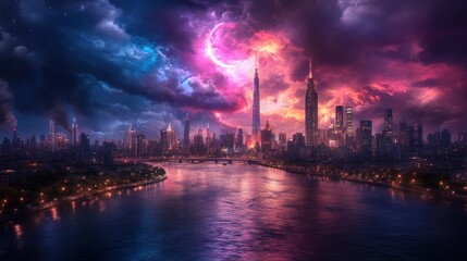 Night Cityscape Under a Crimson Eclipse