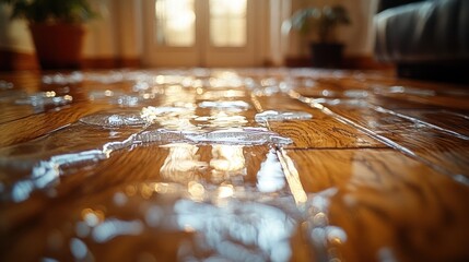 Water damage hardwood floor home interior sunlight