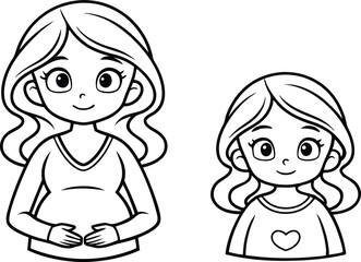 Line art Pregnant woman and little girl, cartoon smiling faces, transparent background