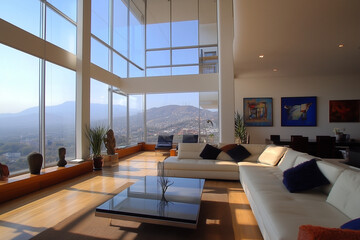 Modern Loft Living Room with Floor-to-Ceiling Glass and Mountain View