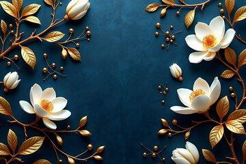 A luxurious 3D wallpaper design featuring elegant golden flowers and leaves intertwined with delicate white magnolia blossoms. The deep blue background has a rich, textured finish, resembling velvet o