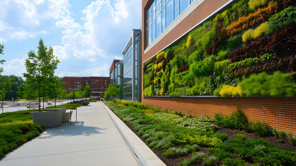 campus featuring a living wall and rooftop gardens as part of its sustainable design 