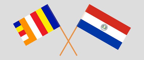 Crossed flags of Buddhism and Republic of Paraguay. Official colors. Correct proportion. Vector illustration