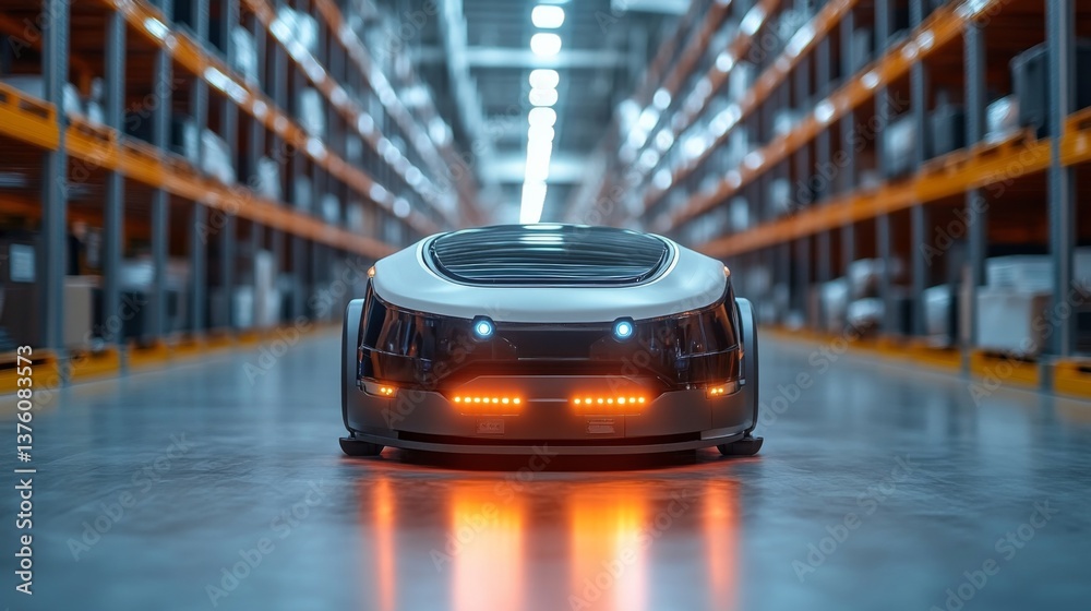 Poster a robotic vehicle moves autonomously through a well organized logistics center. shelves are stocked 