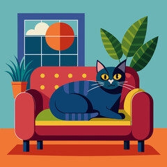 Fototapeta premium Stylish living room featuring a blue cat lounging on a colorful sofa by the window